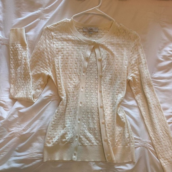LOFT Patterned Cardigan Ivory Long Sleeve Round Neck Button Up - Picture 1 of 5